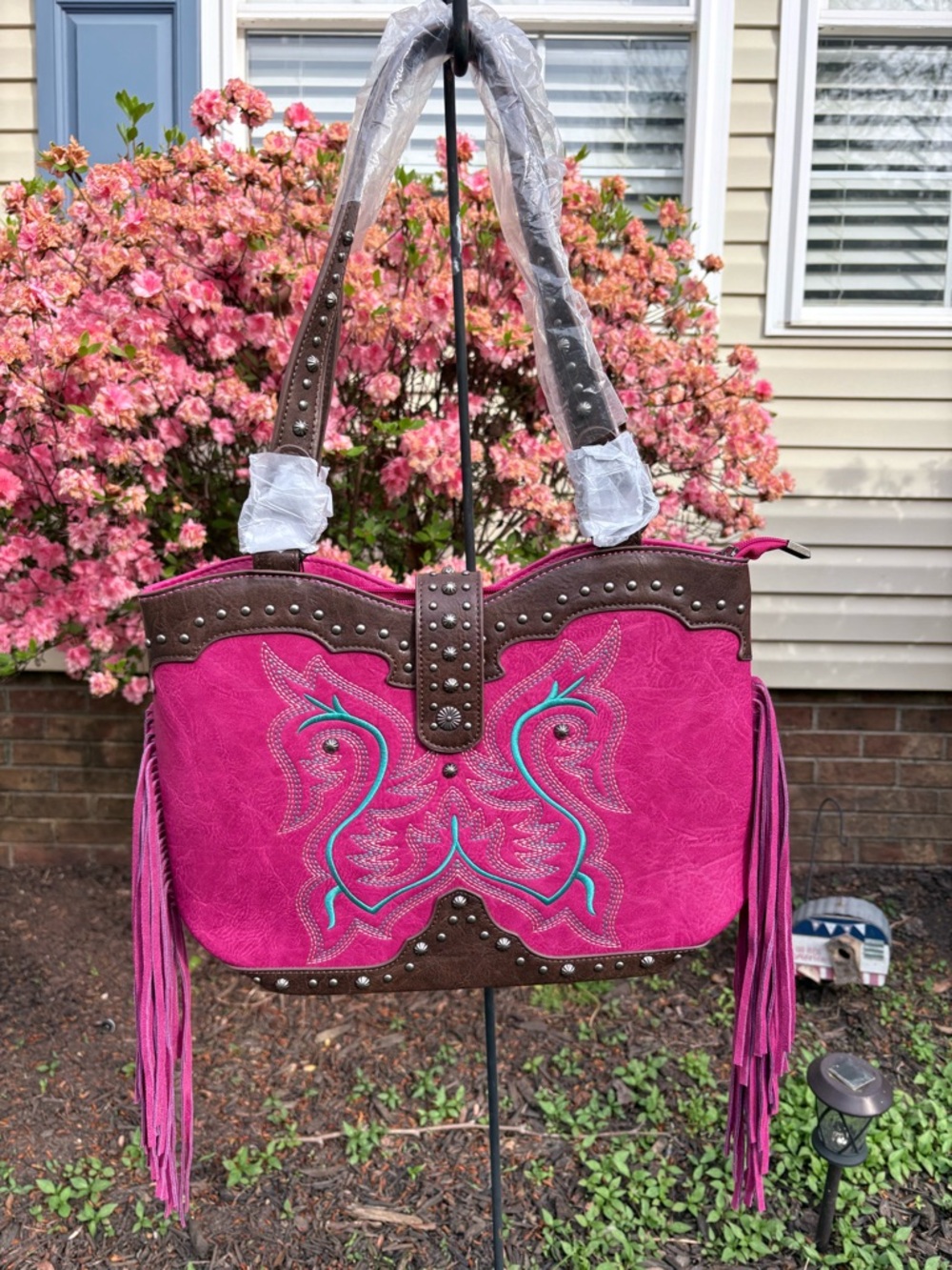 MONTANA WEST Hot Pink Fringe Tote with Brown Stud Accents NWT